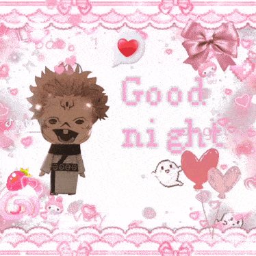 a card that says good night with hearts and bows around it
