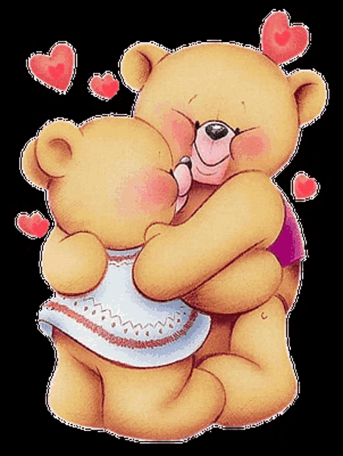 a couple of teddy bears hugging each other with hearts around them