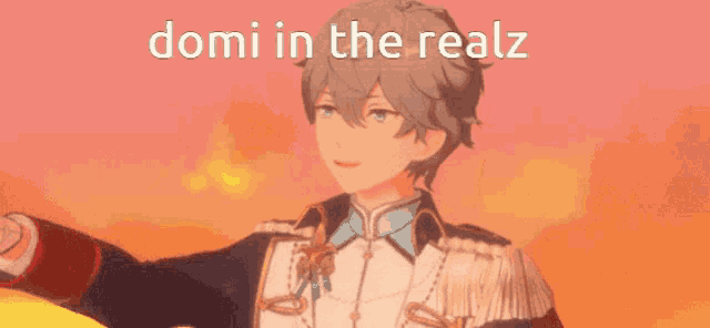 a man in a military uniform is standing with his arms outstretched and the words domi in the realz on the bottom .