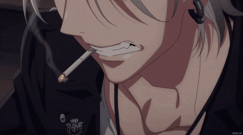 a close up of a person smoking a cigarette with an anime.tv logo in the lower right corner