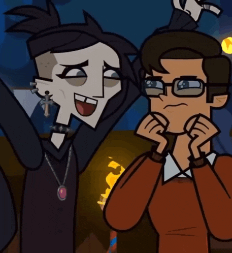 a cartoon character with a cross necklace is standing next to a man with glasses