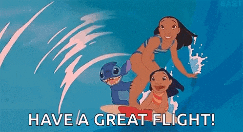a cartoon of a woman riding a wave on a surfboard with the words `` have a great flight ! ''