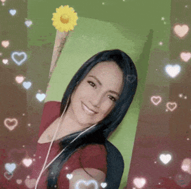 a woman is smiling and holding a yellow flower in her hand surrounded by hearts .