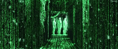 two people are standing in a hallway surrounded by green binary code .
