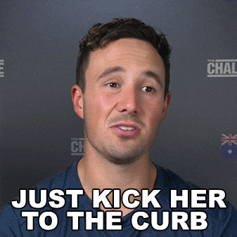 a man says " just kick her to the curb " in front of a wall that says the chal