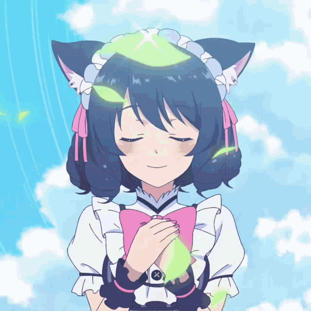 a girl with cat ears is smiling with her eyes closed and holding a green leaf