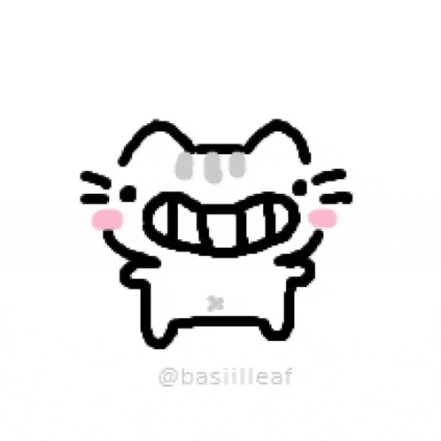 a black and white drawing of a cat with a big mouth and pink cheeks .