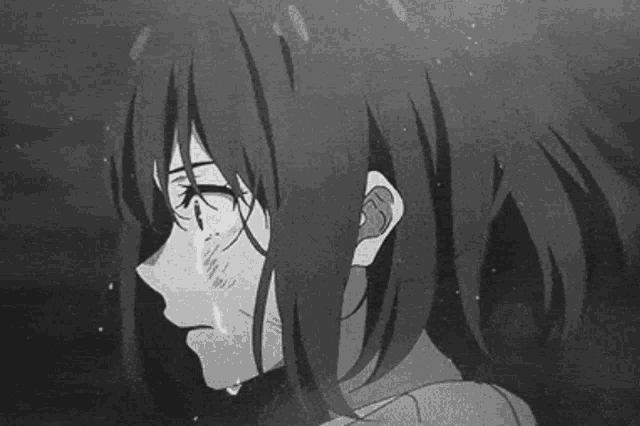 a black and white drawing of a crying anime girl .