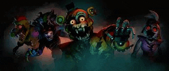 a group of five nights at freddy 's characters are standing next to each other .