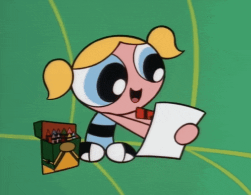 bubbles from the powerpuff girls is holding a piece of paper in front of a box of crayons
