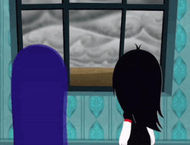 a cartoon character looking out a window with a purple object behind her