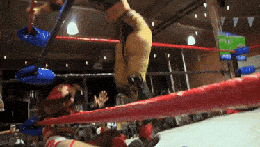 a wrestling ring with a red ring and a blue ring