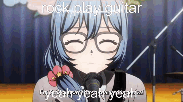 a girl with glasses is singing into a microphone with the words rock play guitar written above her