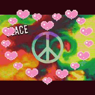 a peace sign is surrounded by pink hearts and the word peace is above it