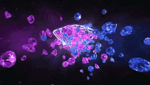 a bunch of pink and blue diamonds are flying in the air