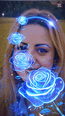 a woman with blue roses around her face