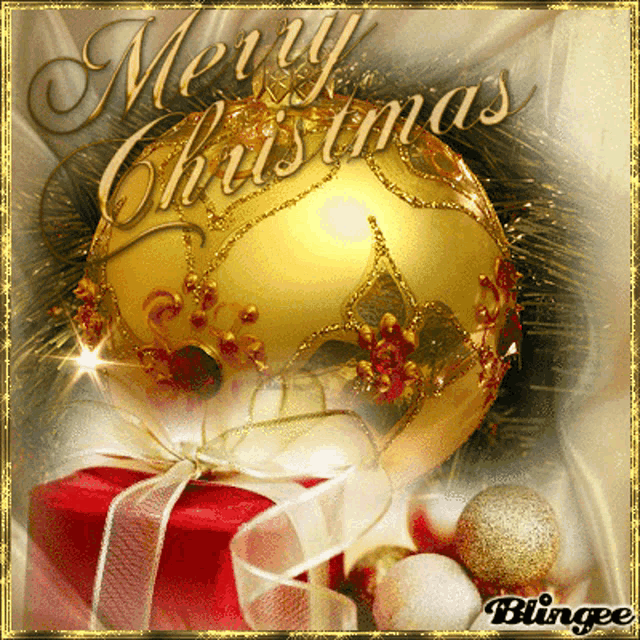 a merry christmas greeting card with a gold ornament