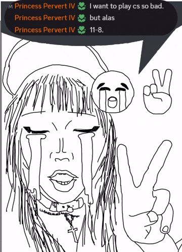 a drawing of a girl with a peace sign and a speech bubble that says " princess pervert iv "