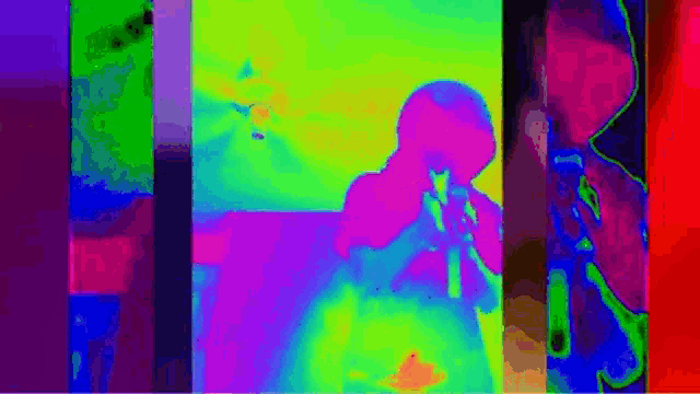 a colorful painting of a person holding a microphone