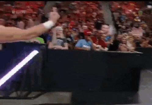 a wrestler is standing in front of a crowd in a stadium while holding a light saber .