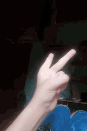 a person 's hand is making a peace sign with their middle finger