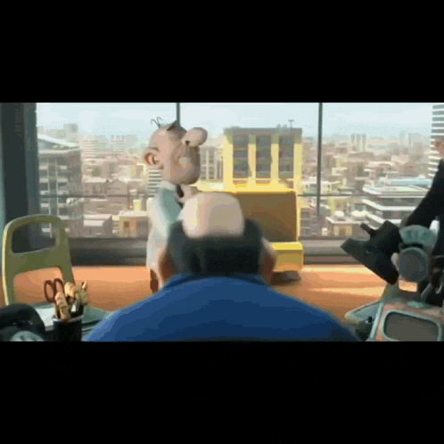 a cartoon character is standing in front of a window with a yellow chair in the background