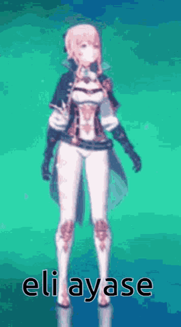 a cartoon girl is standing in front of a green background with the word eli ayase written on it .
