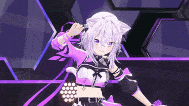 a girl with a cat ear on her head is standing in front of a purple background