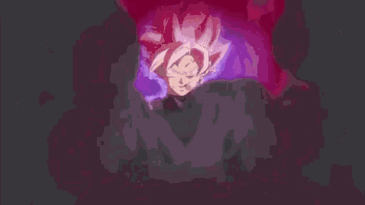a cartoon character with pink hair is standing in a dark room with a purple background .