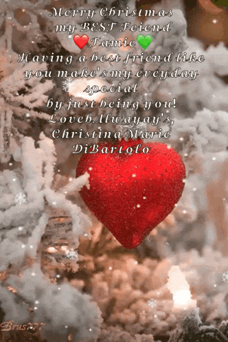 a merry christmas message with a red heart in the snow