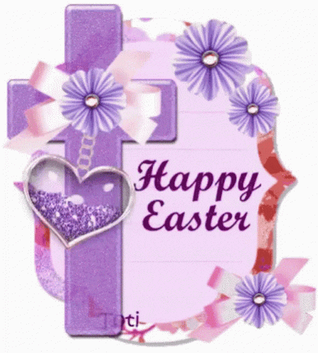 a happy easter card with a purple cross and purple flowers