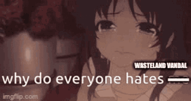 a girl is crying with the words `` why do everyone hates '' .