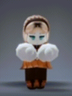 a pixelated image of a doll with blue eyes and a headband