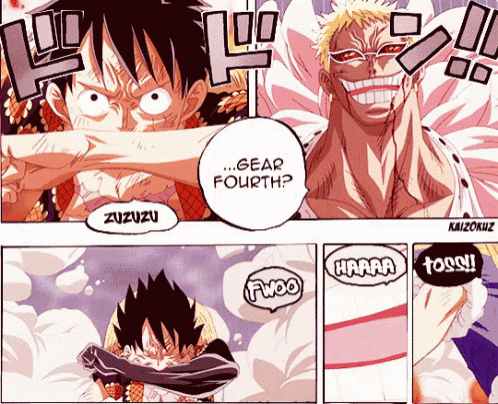 a cartoon of luffy and doflamingo with the words gear fourth
