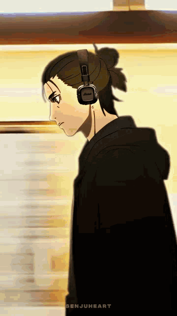 a drawing of a man wearing marshall headphones and a black jacket