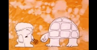 a cartoon of a man standing next to a turtle