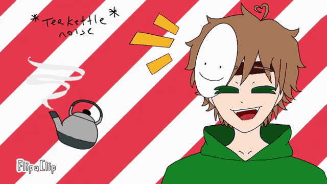 a drawing of a boy with a mask on his face and the words tea kettle noise above him