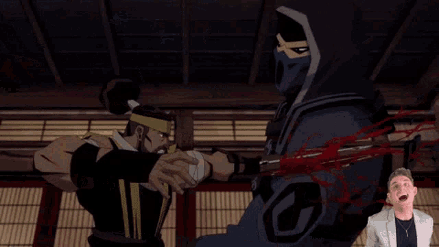 a man in a suit is looking at a cartoon character holding a sword