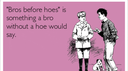 a drawing of two men with the caption " bros before hoes is something a bro without a hoe would say "