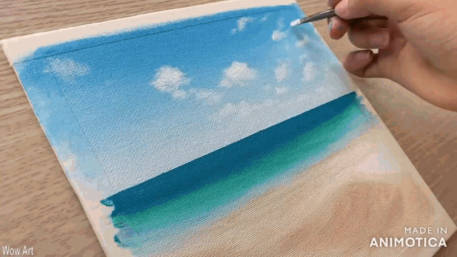 a painting of a beach with the words wow art on the bottom right