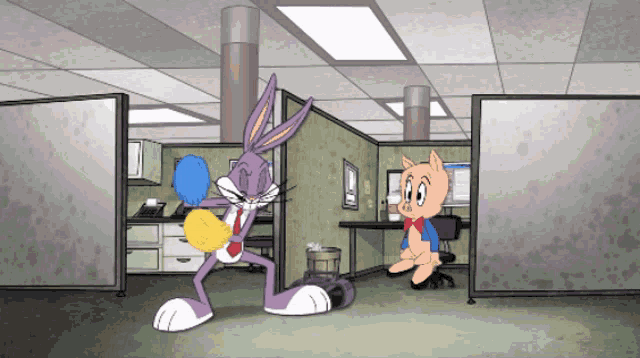 a cartoon of bugs bunny and porky pig in a cubicle