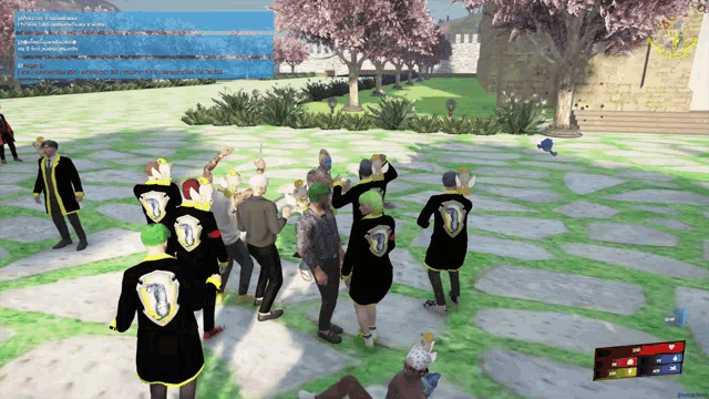 a screenshot of a video game shows a group of people wearing black jackets with shields on them