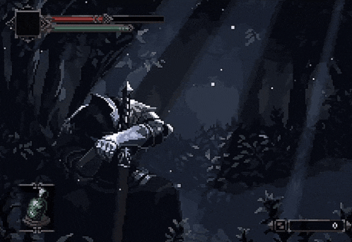 a pixel art of a knight in a dark forest