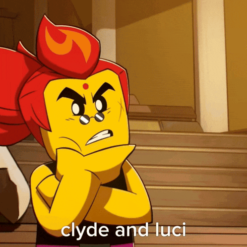 a cartoon character with a red hair and the words clyde and luci