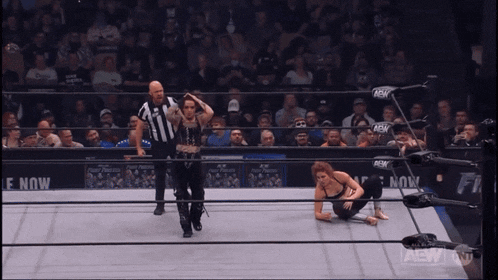 a female wrestler is kneeling down in front of a referee in a ring that says aew on it