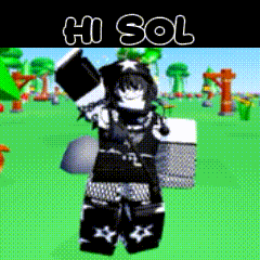 a girl in a black and white outfit is standing in a field with the words hi sol above her
