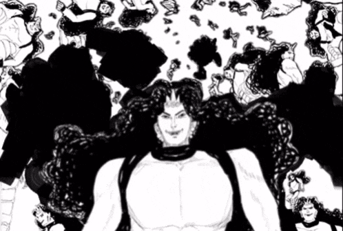 a black and white drawing of a man with long hair surrounded by other people