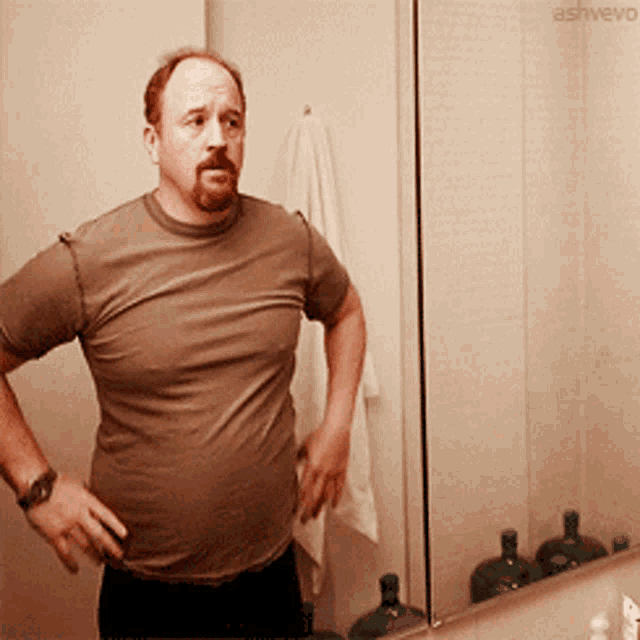 a man in a brown shirt stands in front of a mirror with ashevo written on the bottom