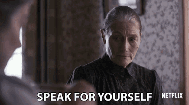 an older woman looking at herself in a mirror with the words speak for yourself netflix