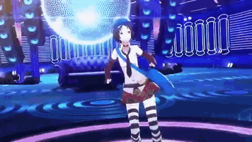 a video game character is dancing on a stage in front of a disco ball .
